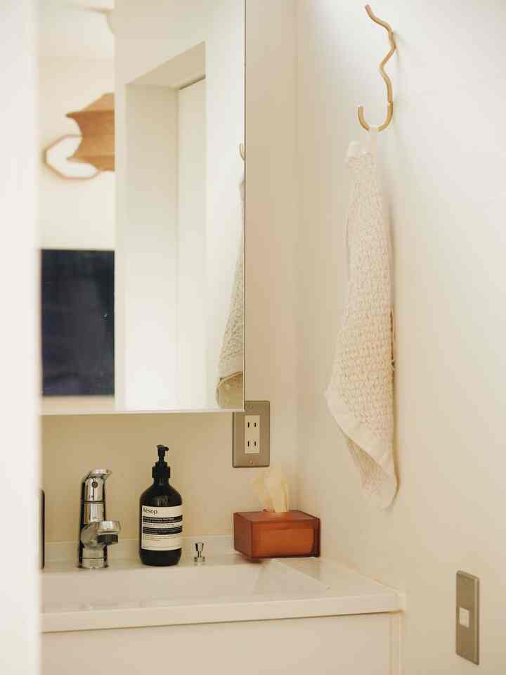 A natural compact restroom sink area featuring white and brown tones, with aromatic hand wash and a compact half tissue case placed neatly