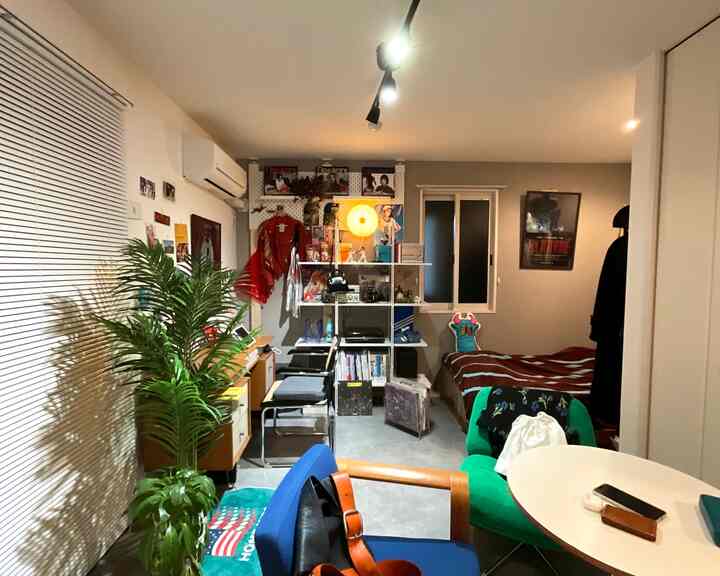 Natural tones with Mid-Century Modern furniture in a single household studio apartment bedroom and living space