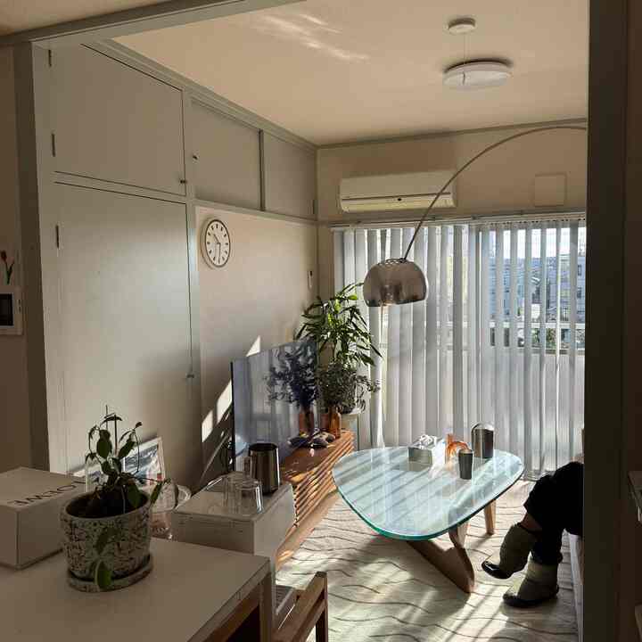 Natural-toned 2LDK living room featuring glass coffee table, wood TV board, IKEA rug, and vertical blinds creating rhythm across the space