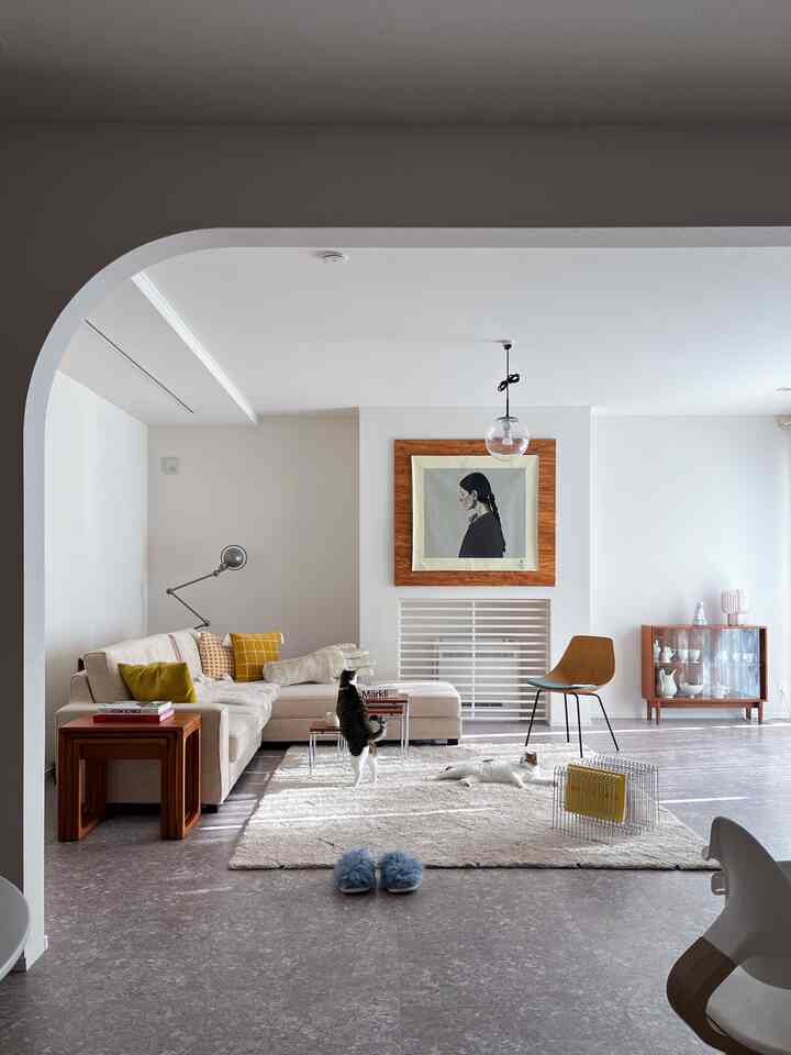 ナチュラルな色調のリビング、ベージュのソファとシャギーラグ、2匹の猫がいる雰囲気のあるインテリア