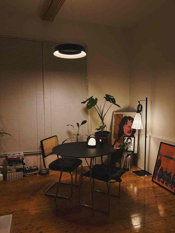 A simple dining room with wood tone flooring and black furniture, featuring posters and plants creating a cozy atmosphere