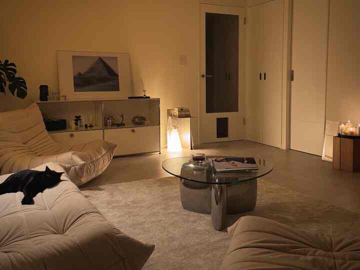 ベージュとホワイトの色調のリビング、ベージュのソファとラグが配置され、黒い猫がソファでくつろぐ雰囲気のあるインテリア