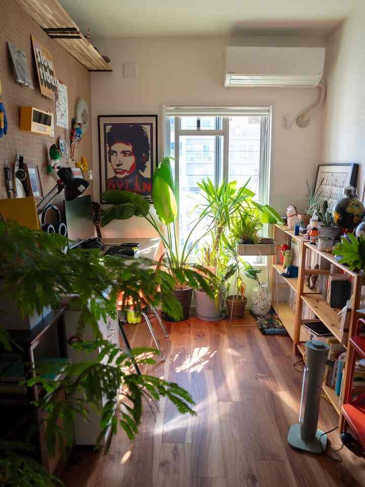 Natural-toned workspace with wood flooring and white walls, featuring a desk and various plants creating a warm atmosphere