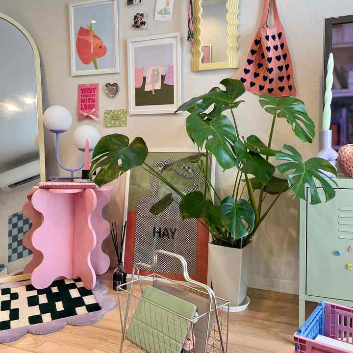 ピンクのサイドテーブルと大きな緑の植物が配置されたナチュラルトーンのリビング、雰囲気のある壁デコ付き