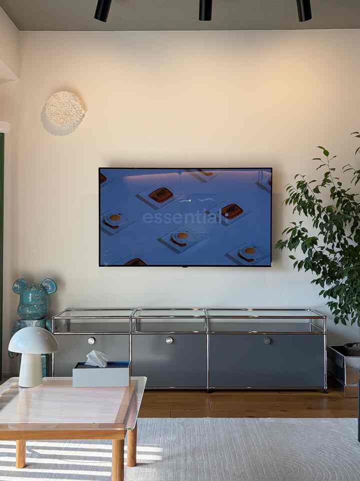 シンプルモダンとナチュラルカラーの調和があるリビング、USMハラーのテレビ台と大きな観葉植物が配置された空間