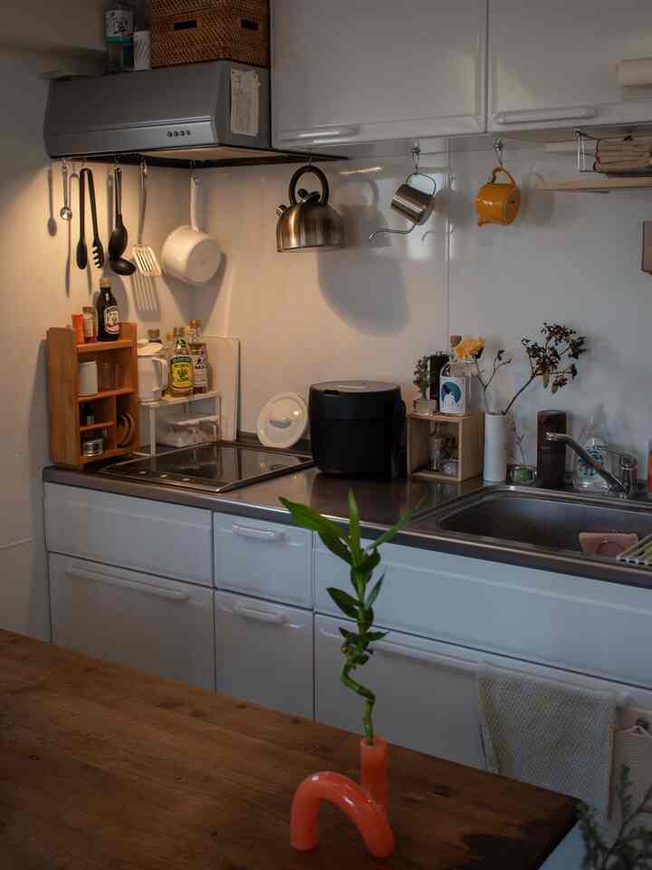 白と木目調のワンルームキッチン、清潔感のある白い調理台と家電、植物が配置された雰囲気のあるインテリア