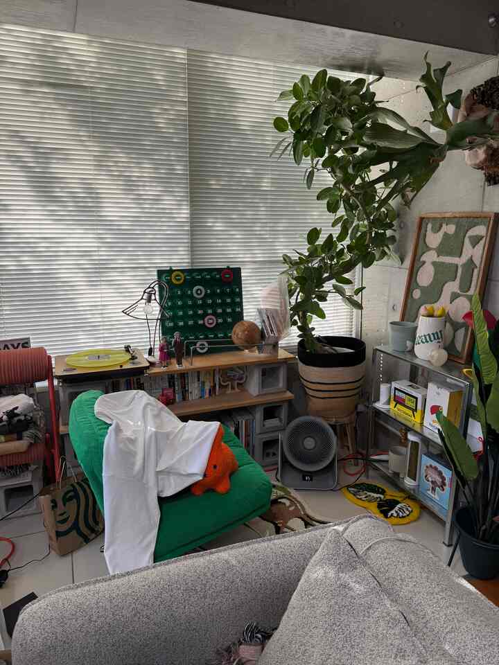 白いブラインドとミッドセンチュリーモダンのグリーンのアームチェア、多様な植物と棚が配置された雰囲気のある散らかったリビング