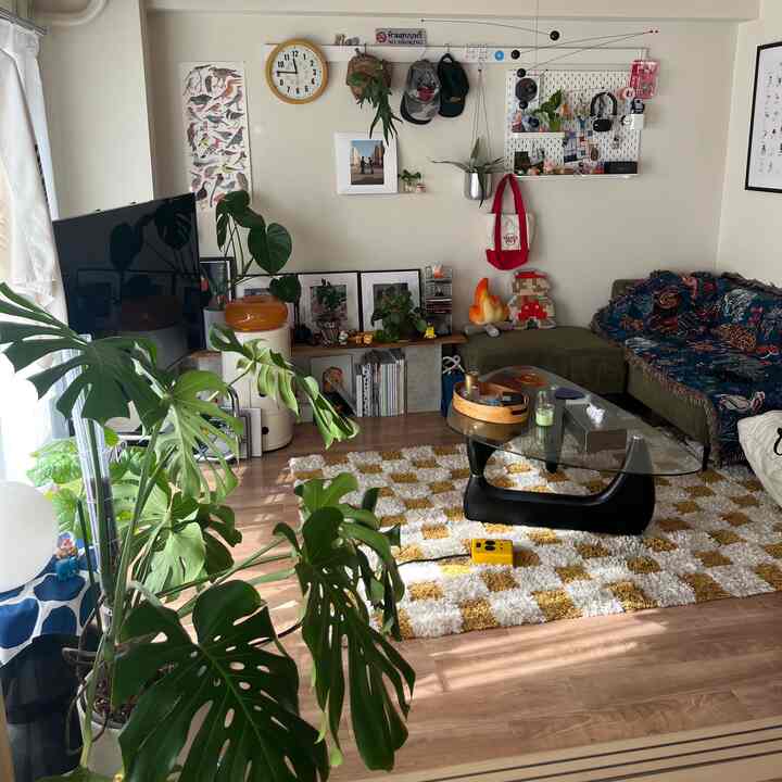 ナチュラルカラーの白い壁のリビング、緑の観葉植物とソファが配置された雰囲気のある空間