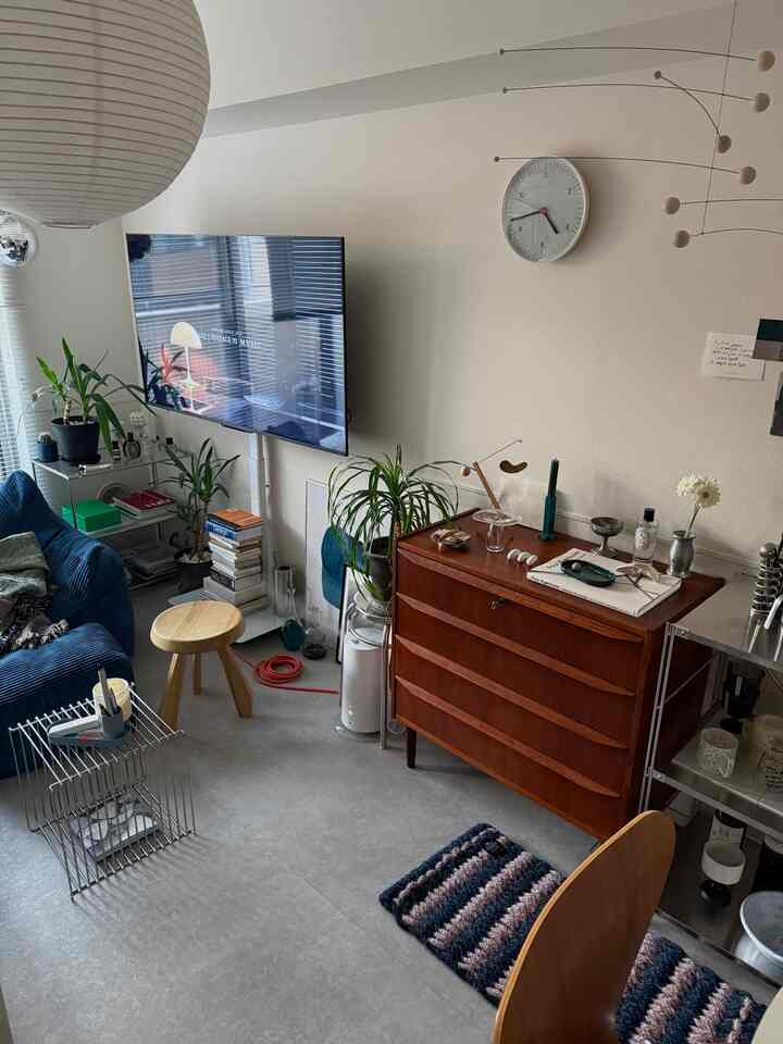 ブルーのソファと木製チェストが配置されたナチュラルな1LDKリビング、植物がアクセントの雰囲気あるインテリア