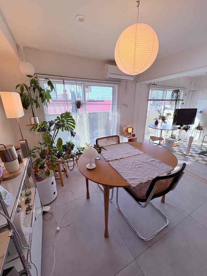 白い壁と天井が印象的なブラウンのダイニングテーブルと椅子が配置されたミッドセンチュリーモダンなダイニングルーム、豊かな植物と間接照明が雰囲気のあるインテリア