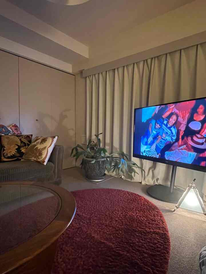 アイボリーのカーテンとチャコール色のソファ、赤いラグが配置された雰囲気のあるワンルームのリビング