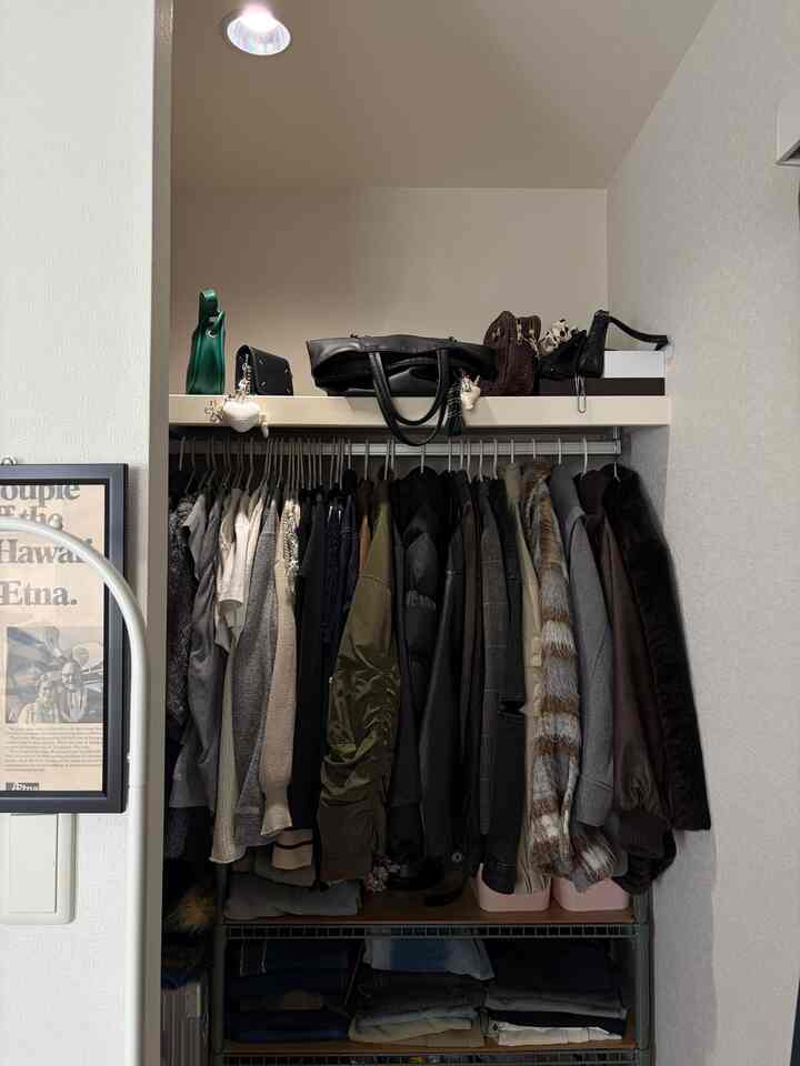 ベージュとブラウンの色調の1LDKクローゼット、IKEAのラックとハンガーが配置された雰囲気のある収納スペース