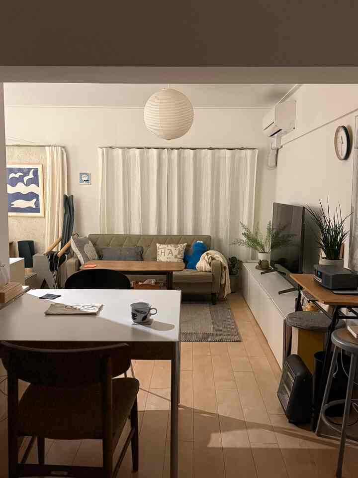 Natural wood tones and ivory living and dining room featuring modern sofa and dining table in a cozy setting