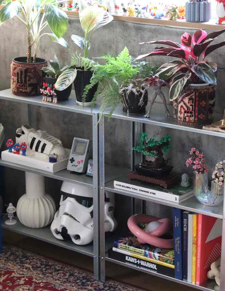 グレー調の壁と棚があるリビング、さまざまな植物とおもちゃがセンスよく配置された雰囲気のあるインテリア