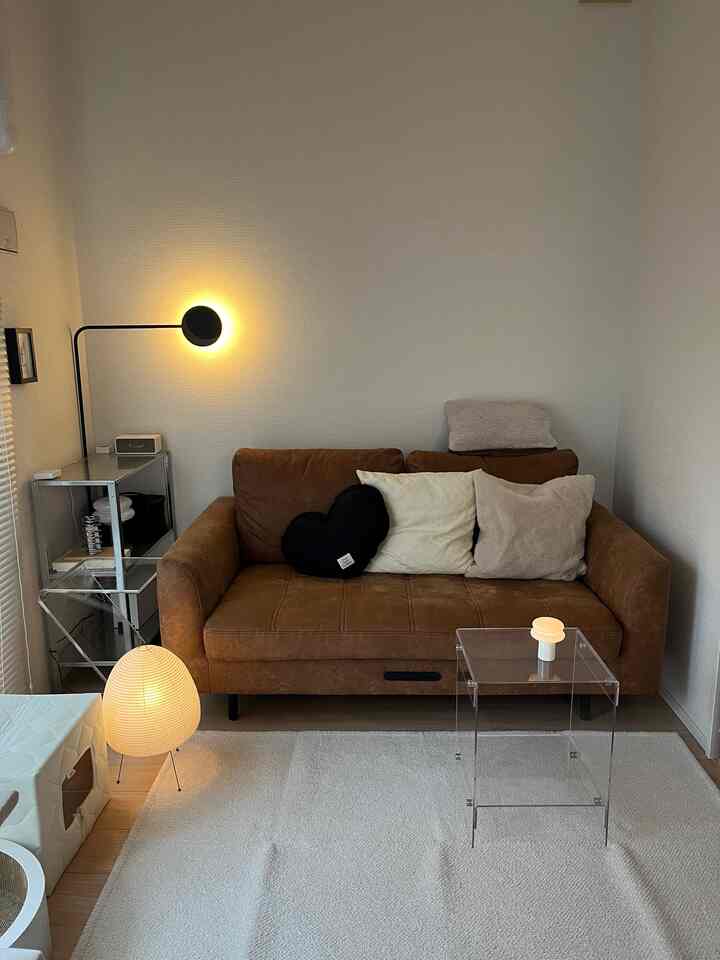 Modern natural 1LDK living room with warm brown sofa, transparent side table, and a cat house placed in the cozy space