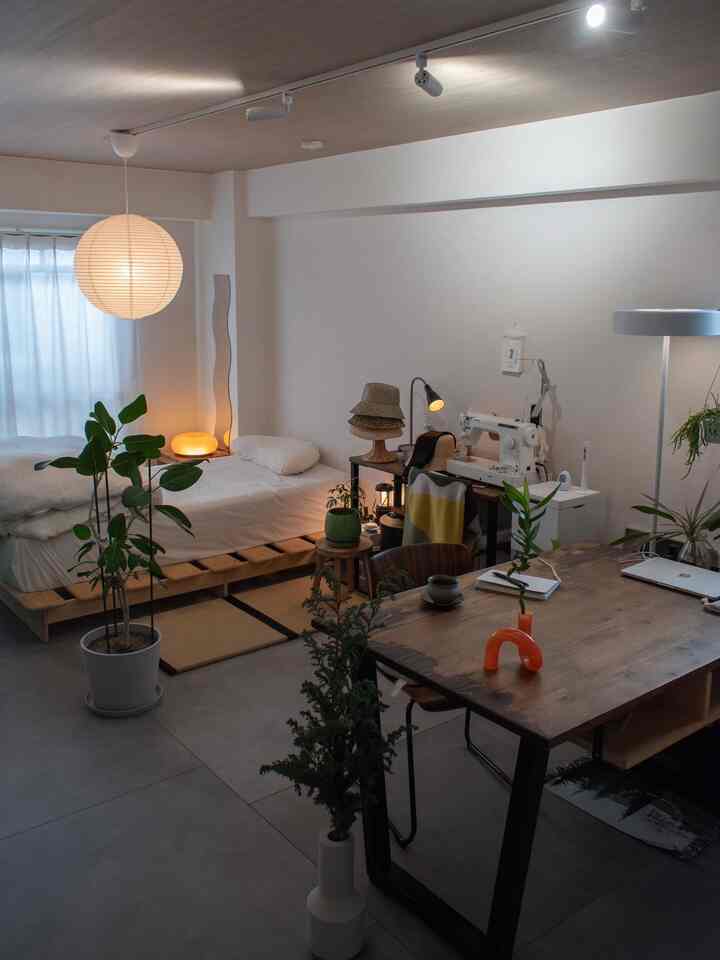 ナチュラルな色調のワンルーム、木製家具とさまざまな植物が配置された落ち着いた在宅勤務向けの空間