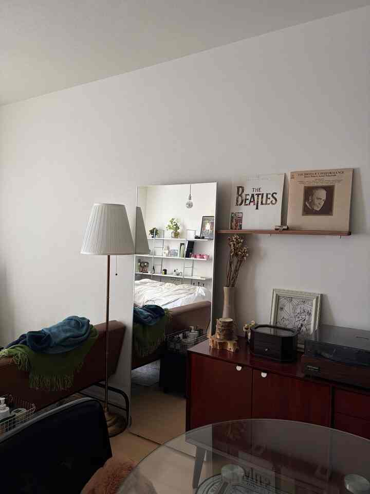 明るいナチュラルカラーの1LDKリビング、全身鏡とフロアランプ、ブラウンのキャビネットや観葉植物が配置されたシンプルなインテリア