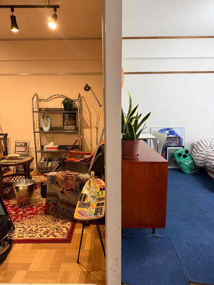 Warm orange-toned living room and calm blue-carpeted bedroom divided by a wall in a two-person household, featuring diverse furniture and plants with a cozy vibe