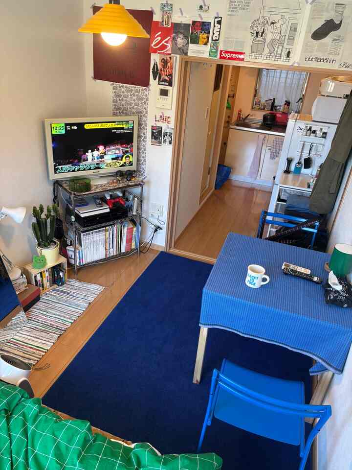 Blue and green toned studio apartment featuring living room and kitchen with simple and modern layout