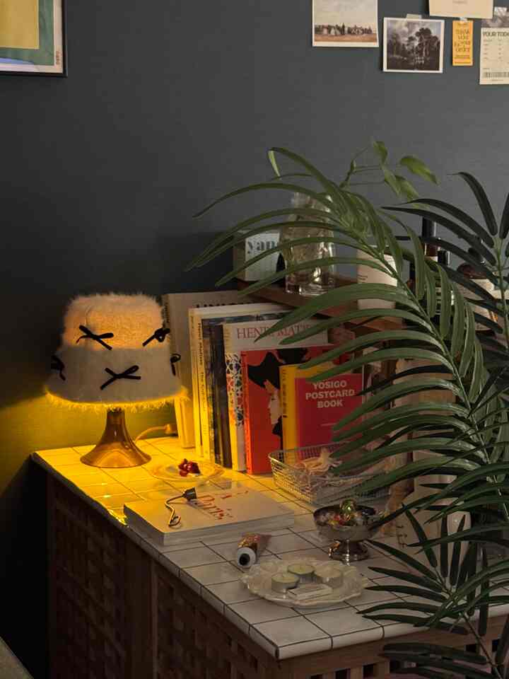 Warm yellow-lit 1K single household small room featuring a tiled top shelf with table lamp and green plant creating a cozy atmosphere