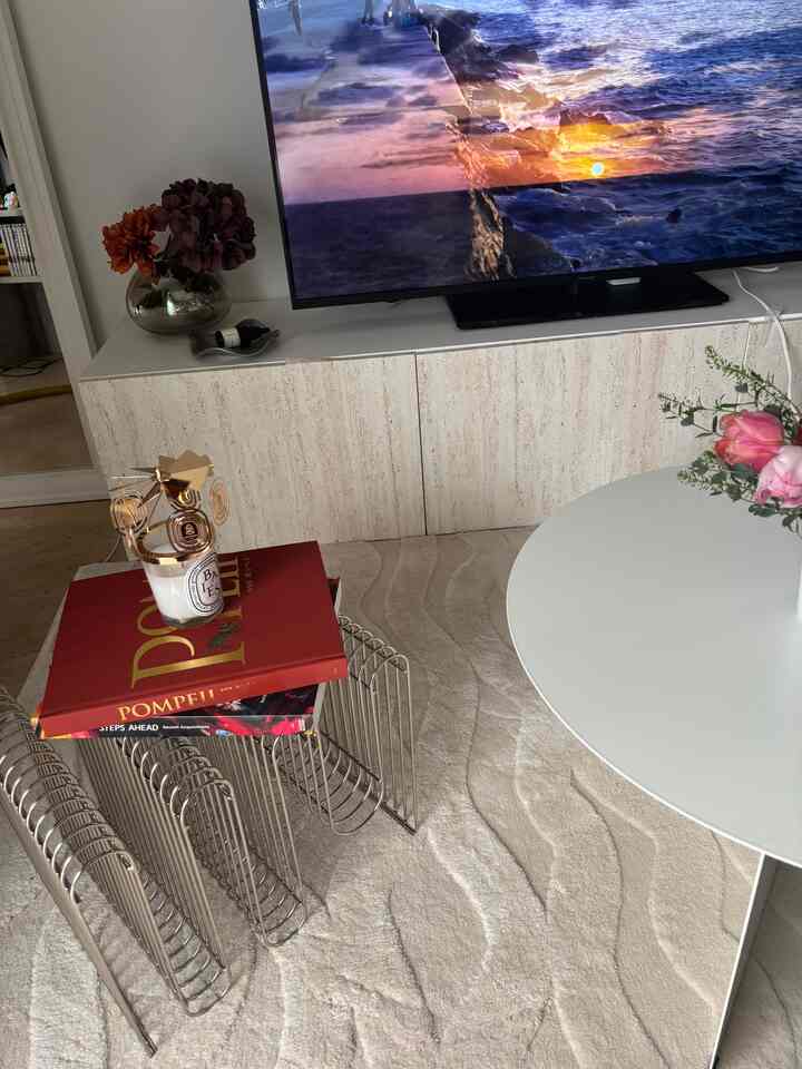 Living room with silver wire bookshelf rack and beige carpet, featuring modern and clean aesthetic