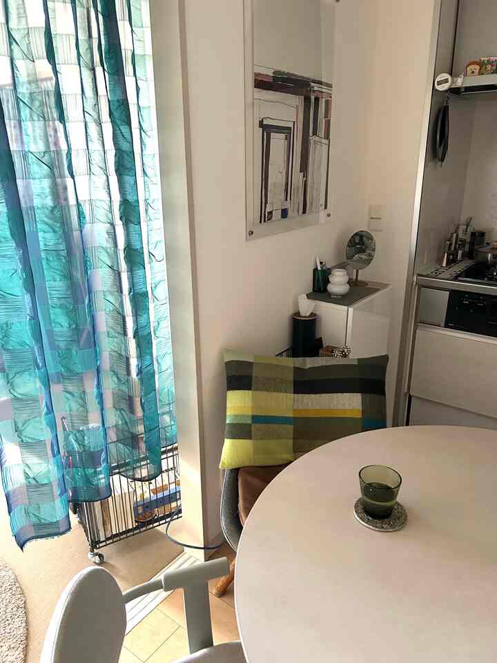 ホワイトの壁と木目調の床がある狭い部屋、ダイニングテーブルとグリーンのクッションが置かれた椅子、部分的に見えるキッチンが配置された雰囲気のあるインテリア