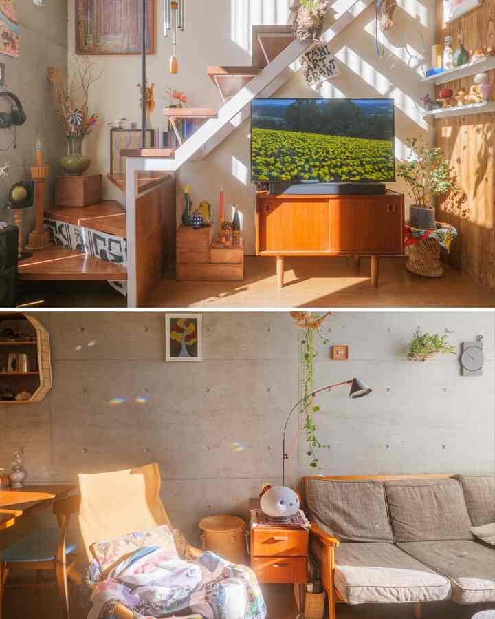 片側はコンクリート、片側は普通の壁紙の部屋に住んでいます

#2人暮らし
#コンクリート部屋　#北欧　#無国籍ミックス