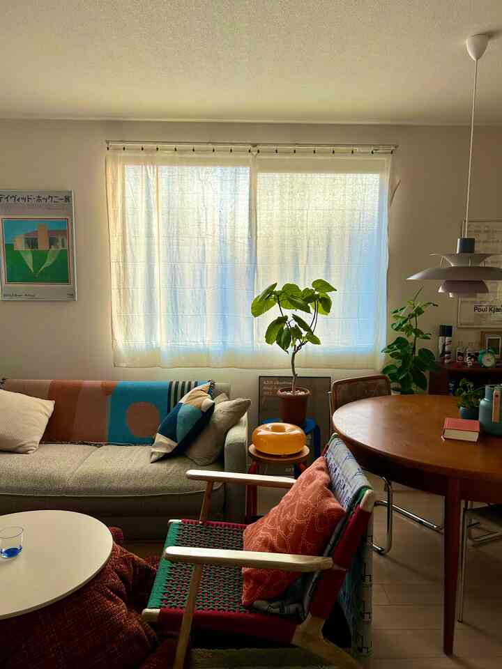 Natural-toned living room featuring mid-century modern sofa, wooden dining table, plants, and vintage decor creating a cozy atmosphere