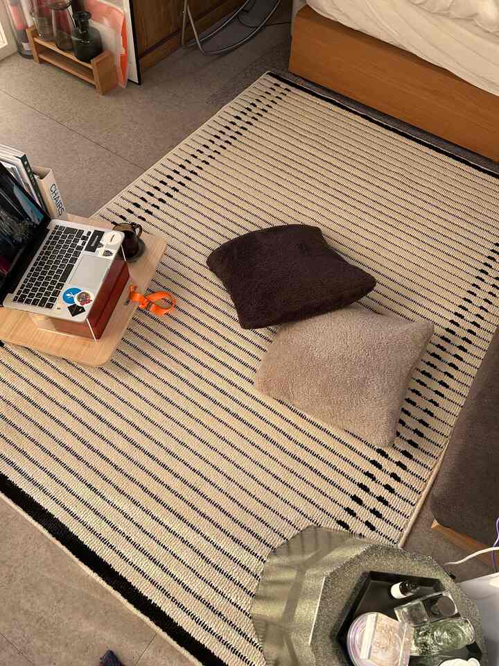 Natural tone living room featuring a beige rug with small home office setup and cushions creating a cozy atmosphere