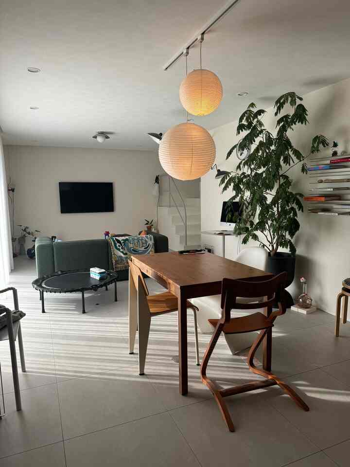 白い壁と天井の明るいリビング、自然素材のダイニングテーブルと椅子、大きな植物が配置された落ち着いた空間