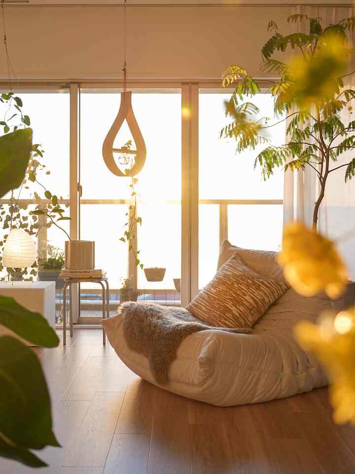 Warm beige-toned living room featuring a soft sofa and abundant plants creating a natural atmosphere