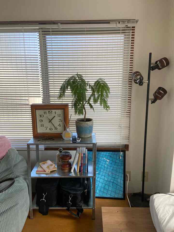 ホワイトとナチュラルカラーの一人暮らし向けリビング、金属製の棚、緑の植物、フロアランプが配置された清潔感のある空間