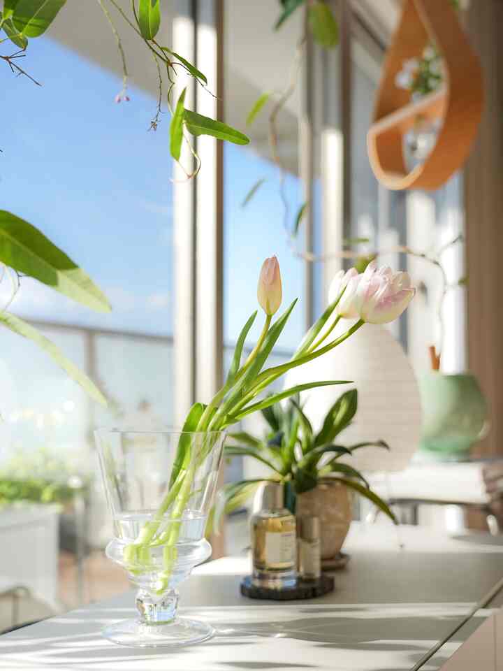 透明な花瓶に淡いピンクのチューリップが飾られた明るいキッチン、自然光がたっぷり差し込むナチュラルな雰囲気のインテリア