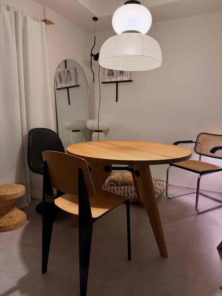 White walls and wood-toned round dining table with varied chairs in a cozy living room, dog resting under the table