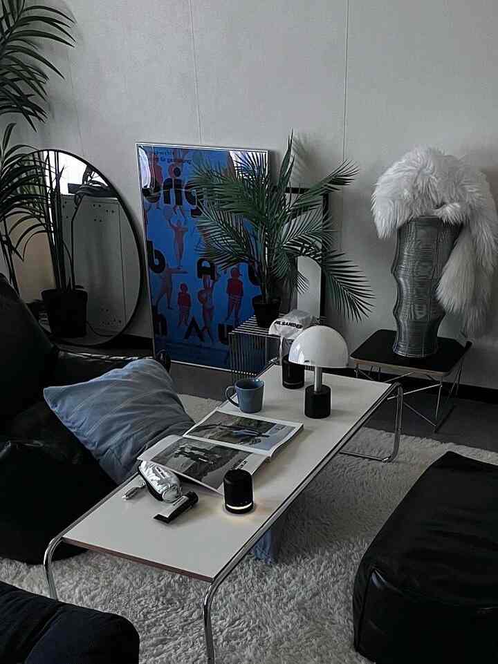 モダンな白と黒の色調のリビング、中央に白いローテーブルと人工植物が配置された印象的な空間