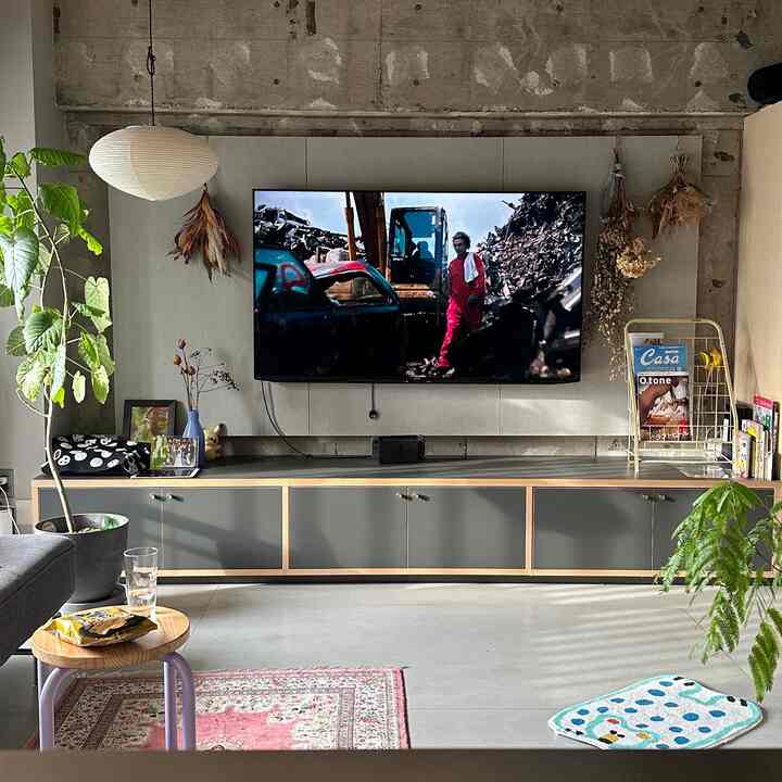 グレーのテレビ台と植物が配置されたモダンなワンルームのリビング、ペンダントライトとラグが調和した印象的な空間