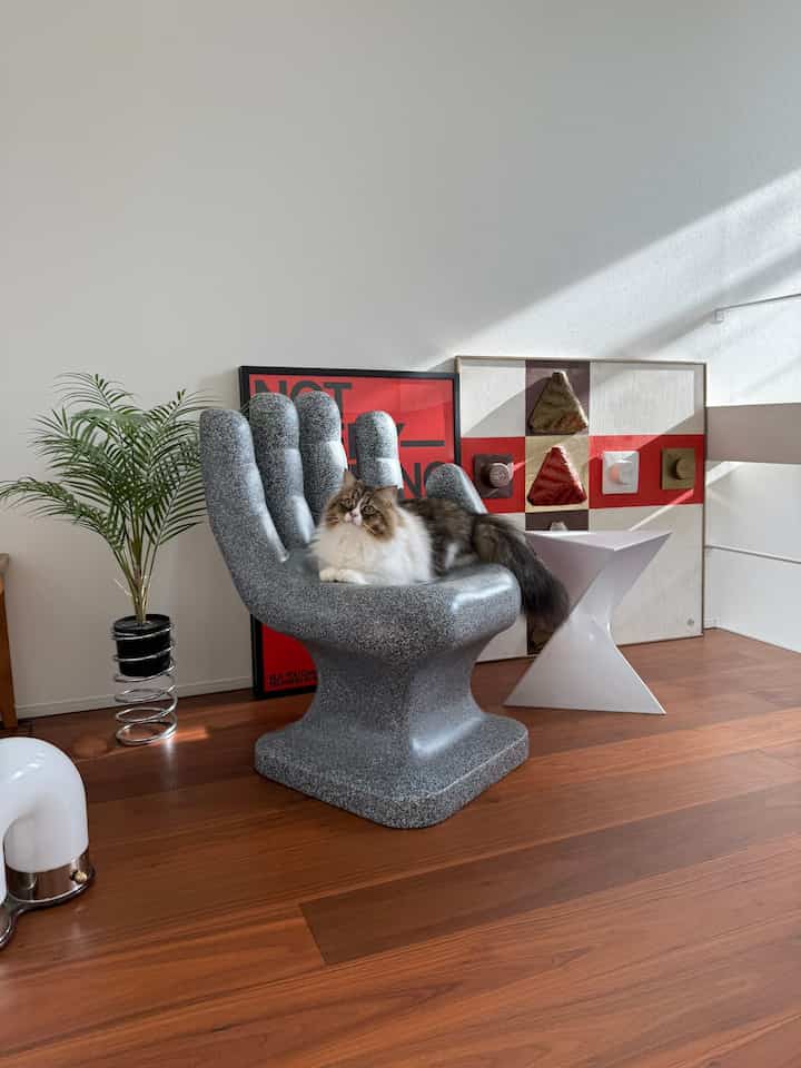 温かみのある木目調フローリングのリビング、ミッドセンチュリーモダンなハンドチェアと猫、アートなインテリアのある空間