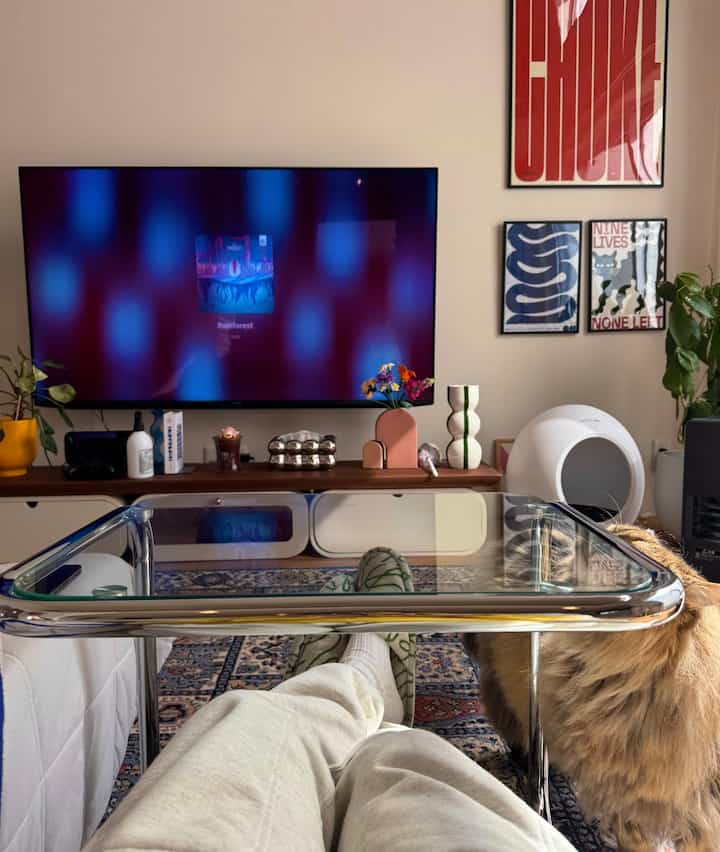 A cozy living room in white and brown tones featuring mid-century modern furniture and a cat