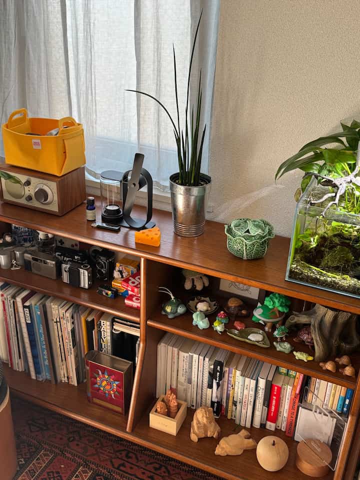 ナチュラルなベージュ色の壁と木目調の本棚が配置された書斎、豊富な書籍と植物が調和した雰囲気のあるインテリア