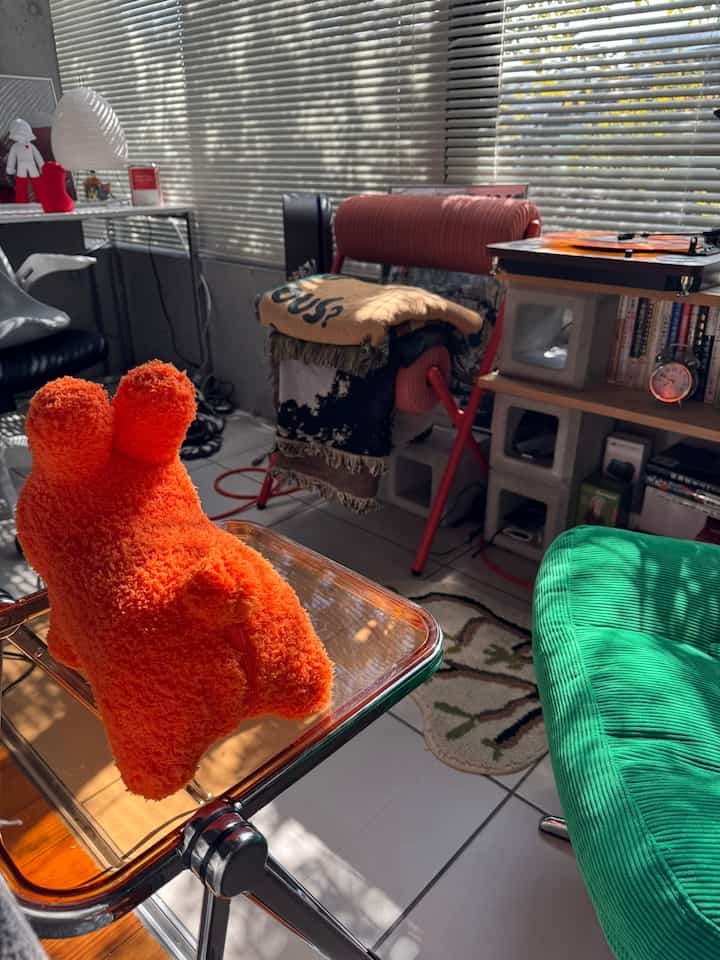 Warm orange and green toned mid-century modern living room featuring cozy armchairs and an orange pet bed with bright window blinds