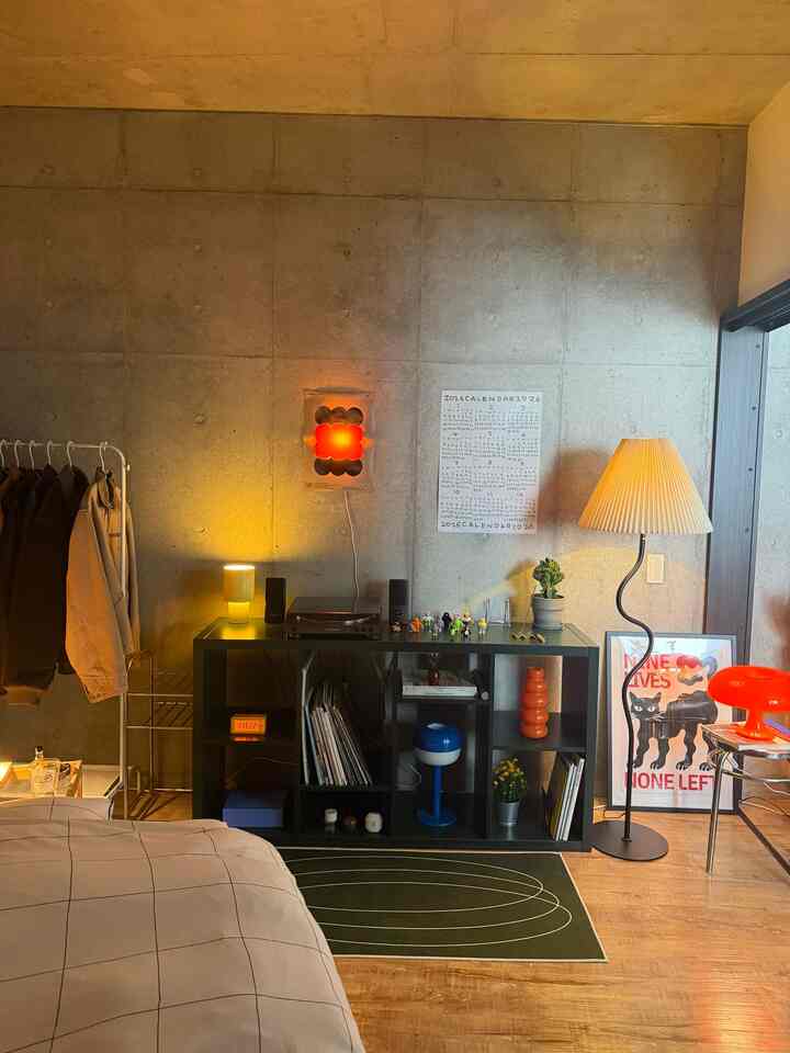 Natural wood tone and gray concrete wall compact living room with black bookshelf, floor lamp, record player, and posters in a modern setting