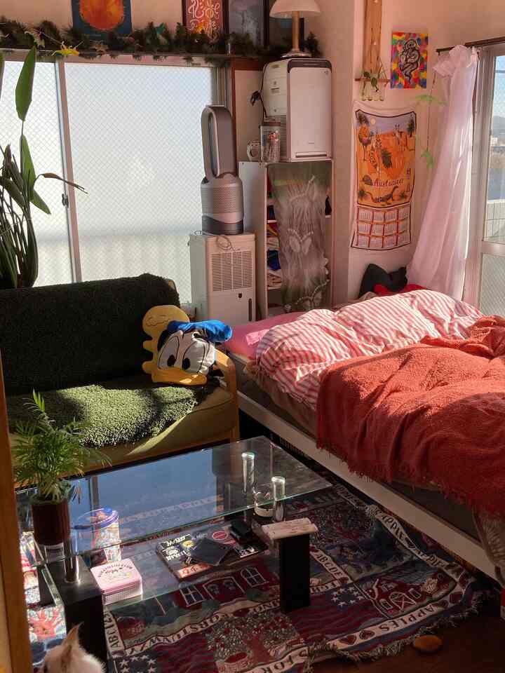 暖かな自然光とナチュラルな色調が調和する一人暮らし用ワンルームの寝室、ソファとベッドが心地よく配置されている