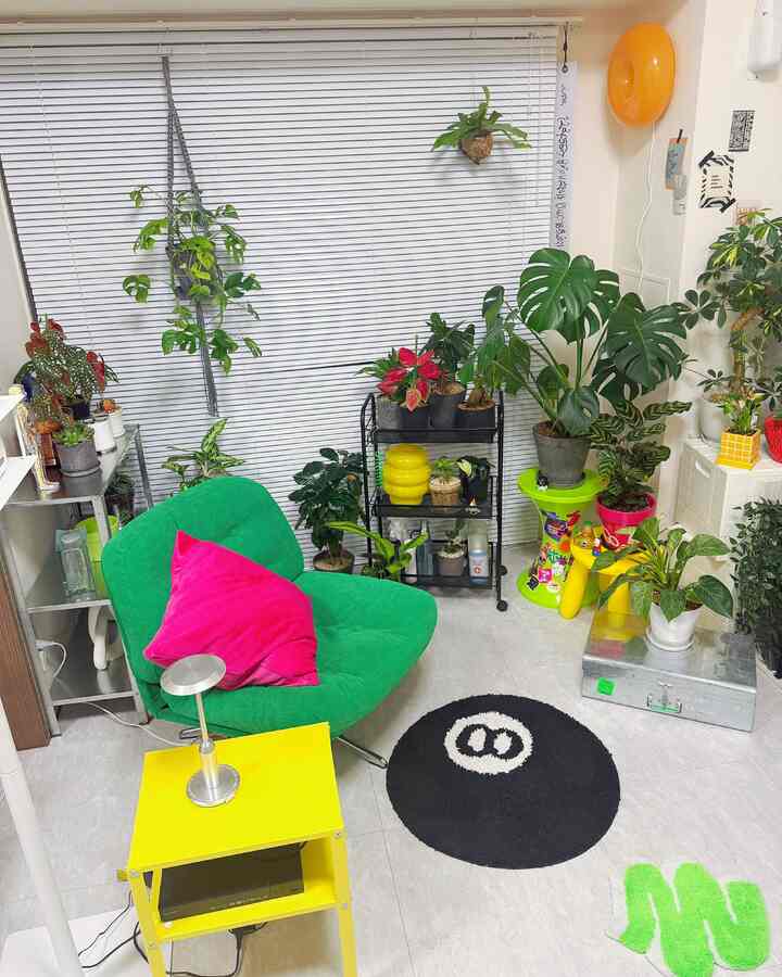 Natural and simple living room space featuring a green stool and diverse plants arranged like an indoor garden
