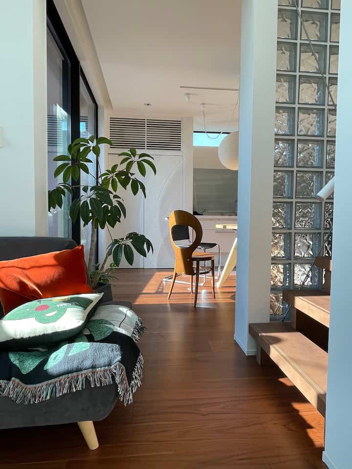 Bright white-toned living room with brown wood floor, Mid-Century Modern chair, black sofa, and cat present