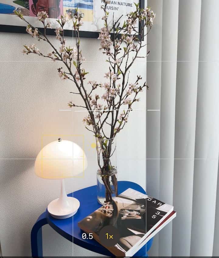 白いカーテンと青いサイドテーブルに小さなランプと桜の枝が置かれたミニマルでモダンな6畳のインテリア