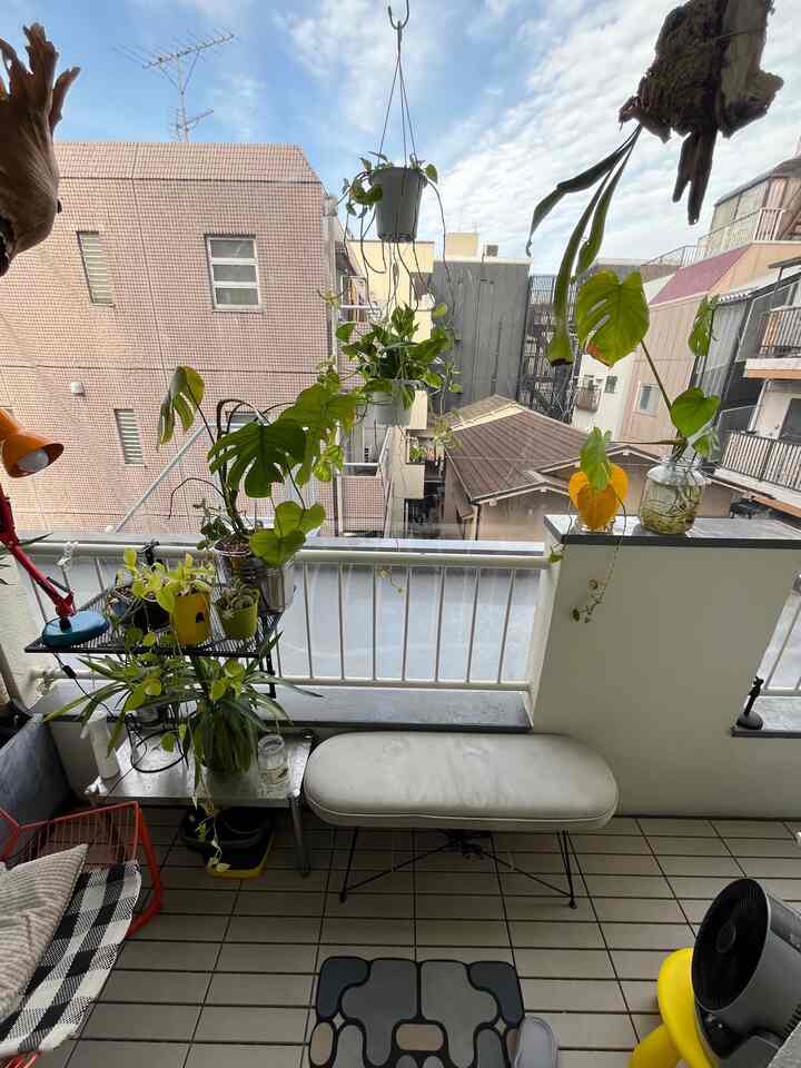 青空と都市の背景にあるナチュラルカラーのバルコニー、ベンチと多様な植物が配置された雰囲気のある休憩スペース