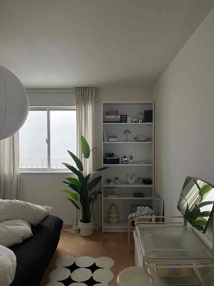 Natural-toned living room featuring a white bookshelf and black sofa with a simple, modern atmosphere