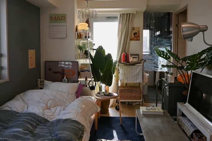 白と青のトーンが特徴のワンルームリビング、ベッドと植物、照明が配置された雰囲気のある空間