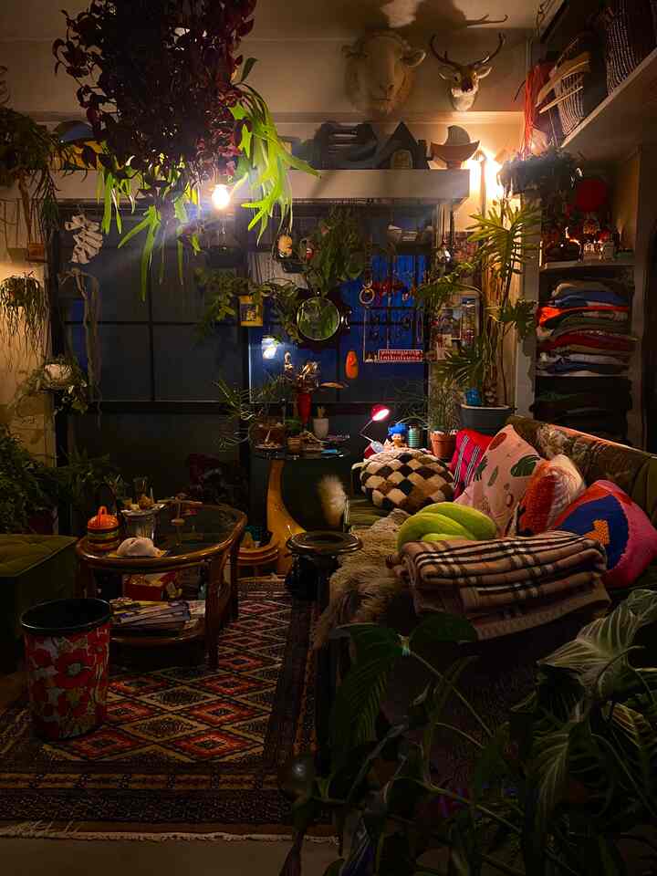 暖かな照明と緑豊かな植物が配置されたヴィンテージとミッドセンチュリーモダンスタイルのリビングスペース