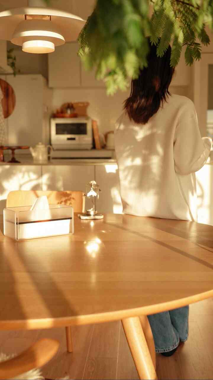 暖かい木目調と自然な植物が配置されたリビング、シンプルな家具と心地よい雰囲気のあるインテリア